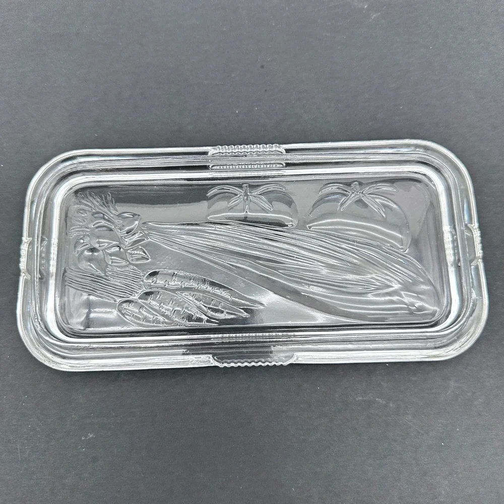 Federal Glass Refrigerator Dish Lid Vintage 8.5x4.25 Clear Embossed Vegetable